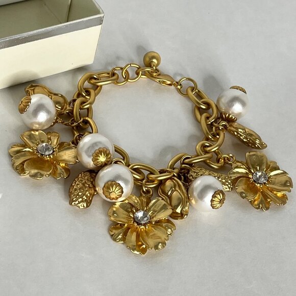 Gold Floral & Pearl Charm Bracelet With Rhinestones By John Wind Maximal Art - Picture 1 of 6